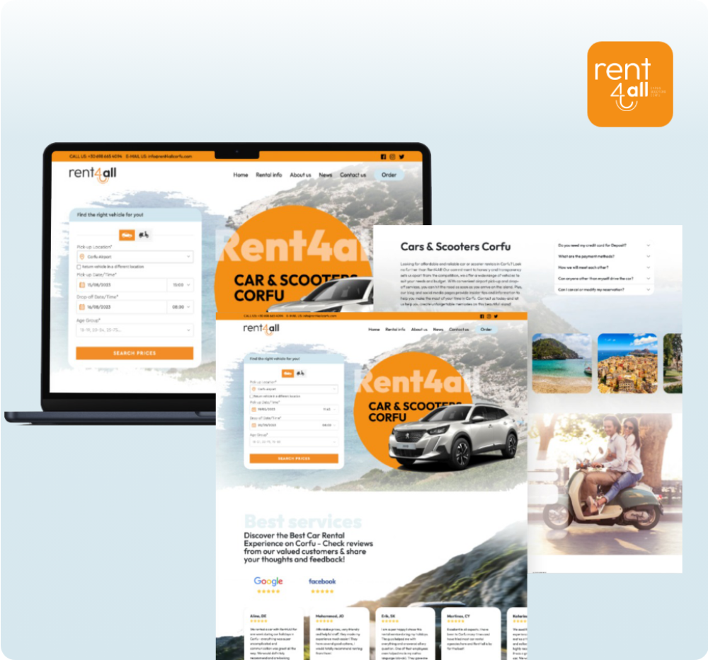 Tvorba moderných web stránok pre požičovňu áut Rent4all na Korfu so skvelými službami